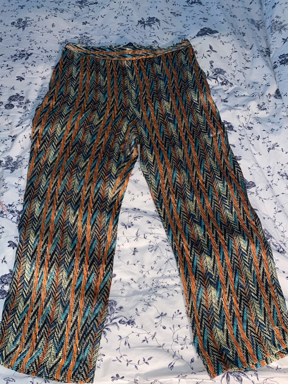 Wide-Leg Patterned Pants in Teal, Orange & Black